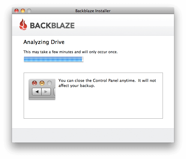 Backblaze informerar och ger tips under tiden programmet installeras