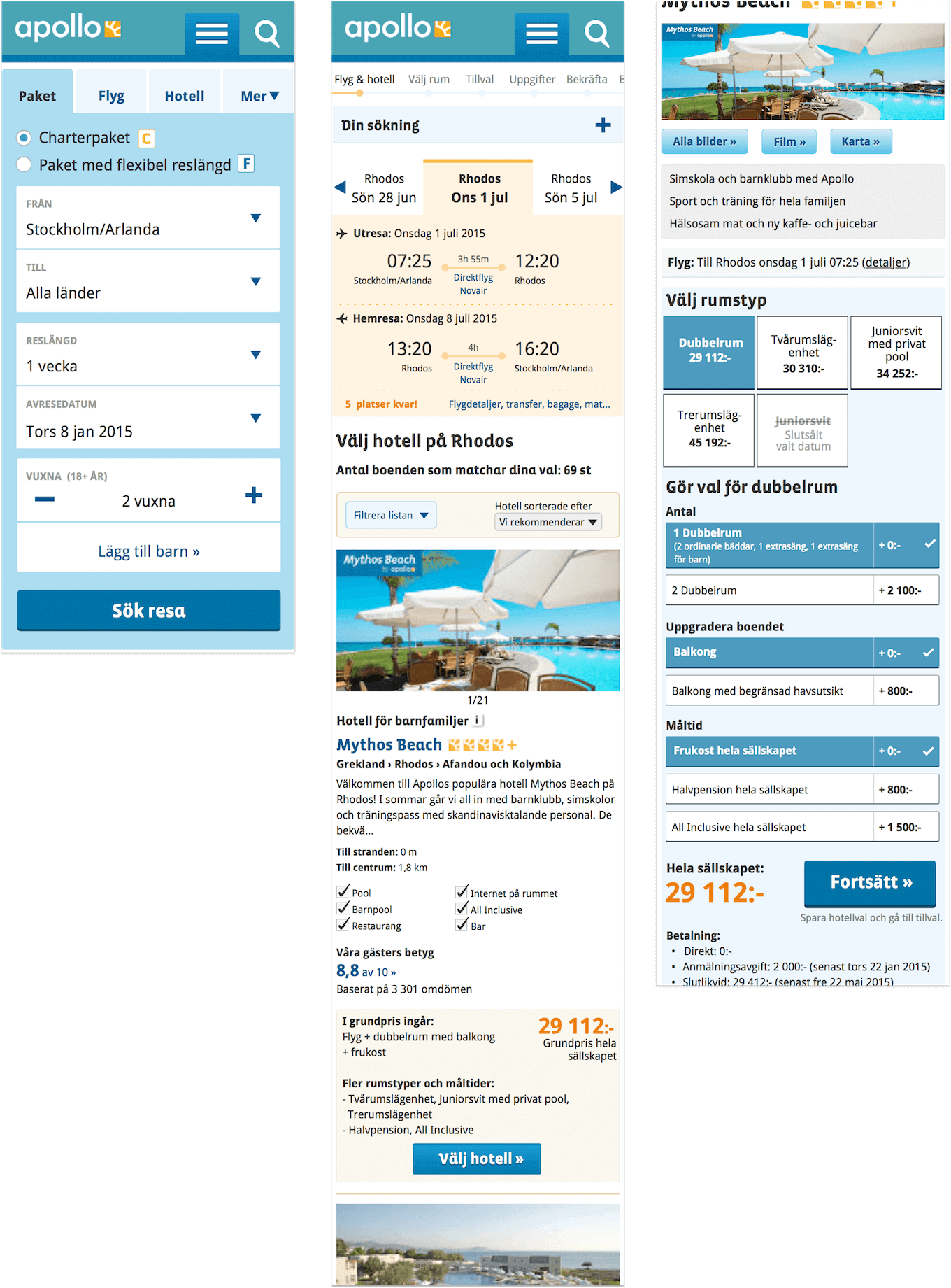 Different examples of the new booking flow viewed on a smartphone