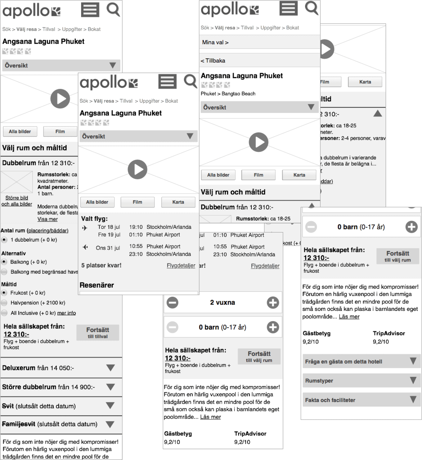 Wireframes of the booking dialogue displayed on a smart phone