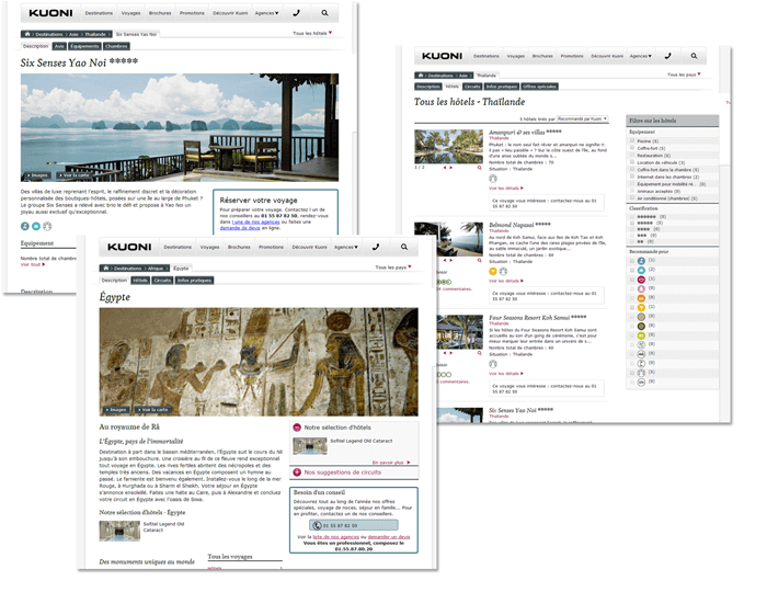 Different examples of pages for the French travel company Kuoni