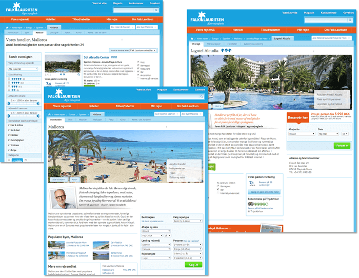 Different examples of pages for the Danish tour operator Falk Lauritsen