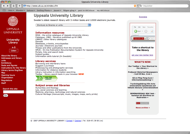 Screenshot of Uppsala University Library's existing webpage